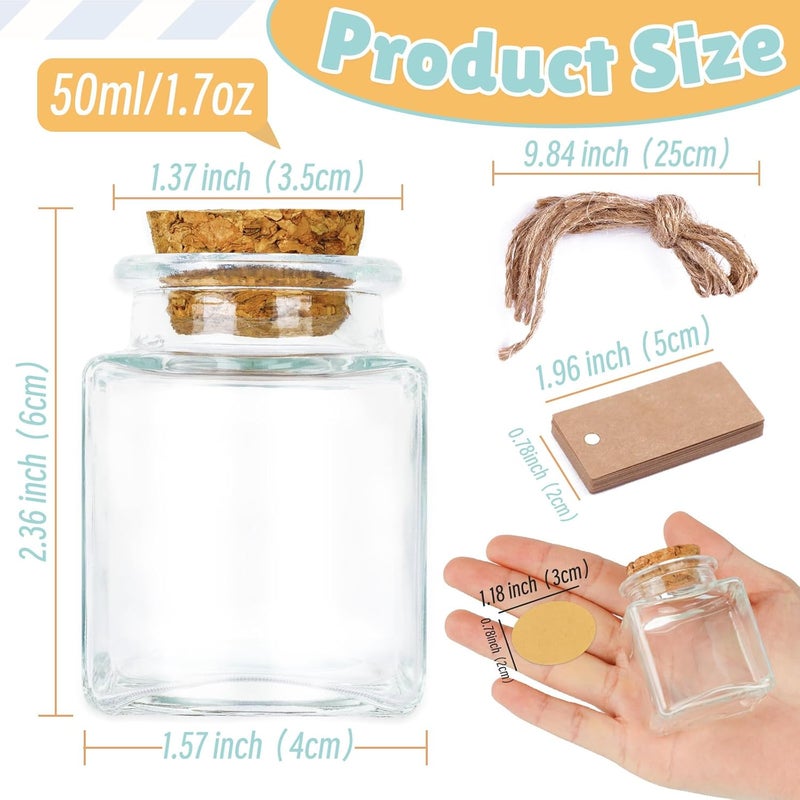 OurWarm 12 Pack Square Small Glass Bottles with Lids, 1.7OZ Mini Glass Jars with Cork Tag Label and Twine, Versatile Small Bottles for Candy Potion Spice DIY Crafts Gift Birthday Wedding Party Favors - Image 2
